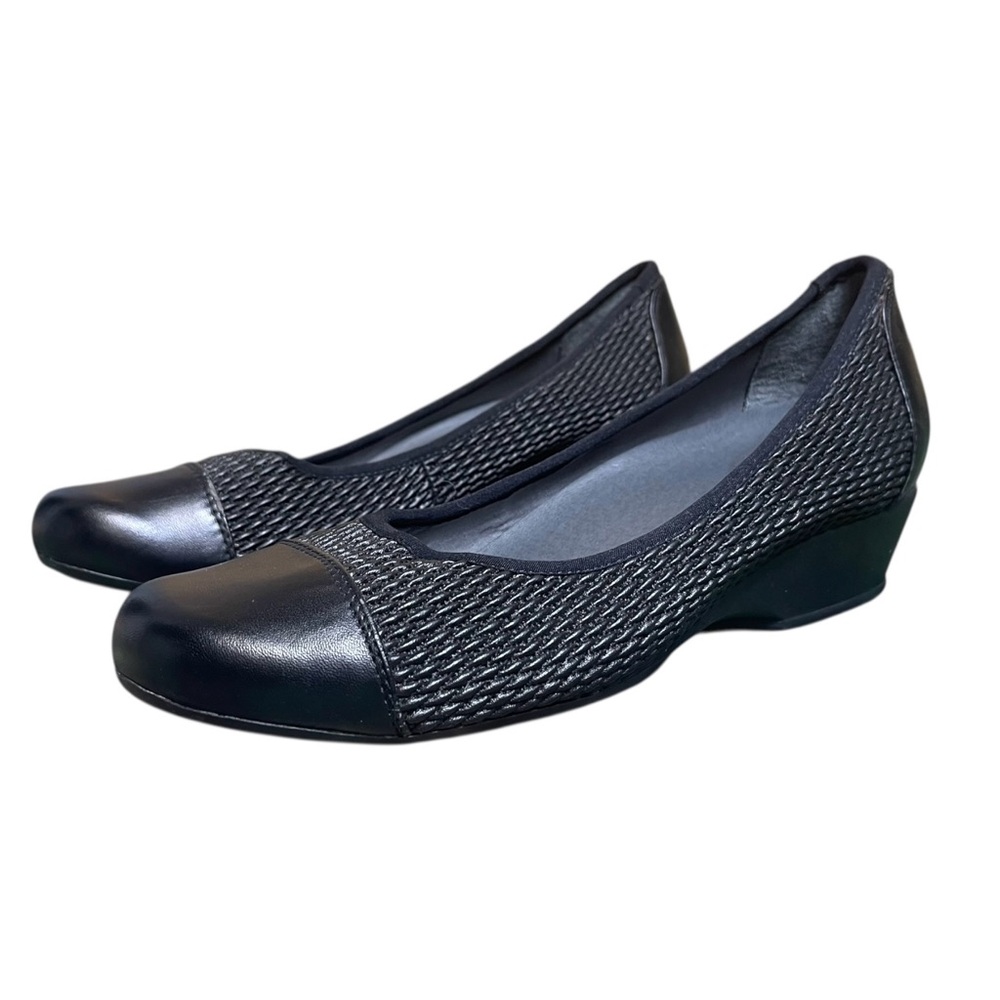 EUC FootSmart Stretchables Stretchy Black Comfort Wedge Women's Slip On Shoes